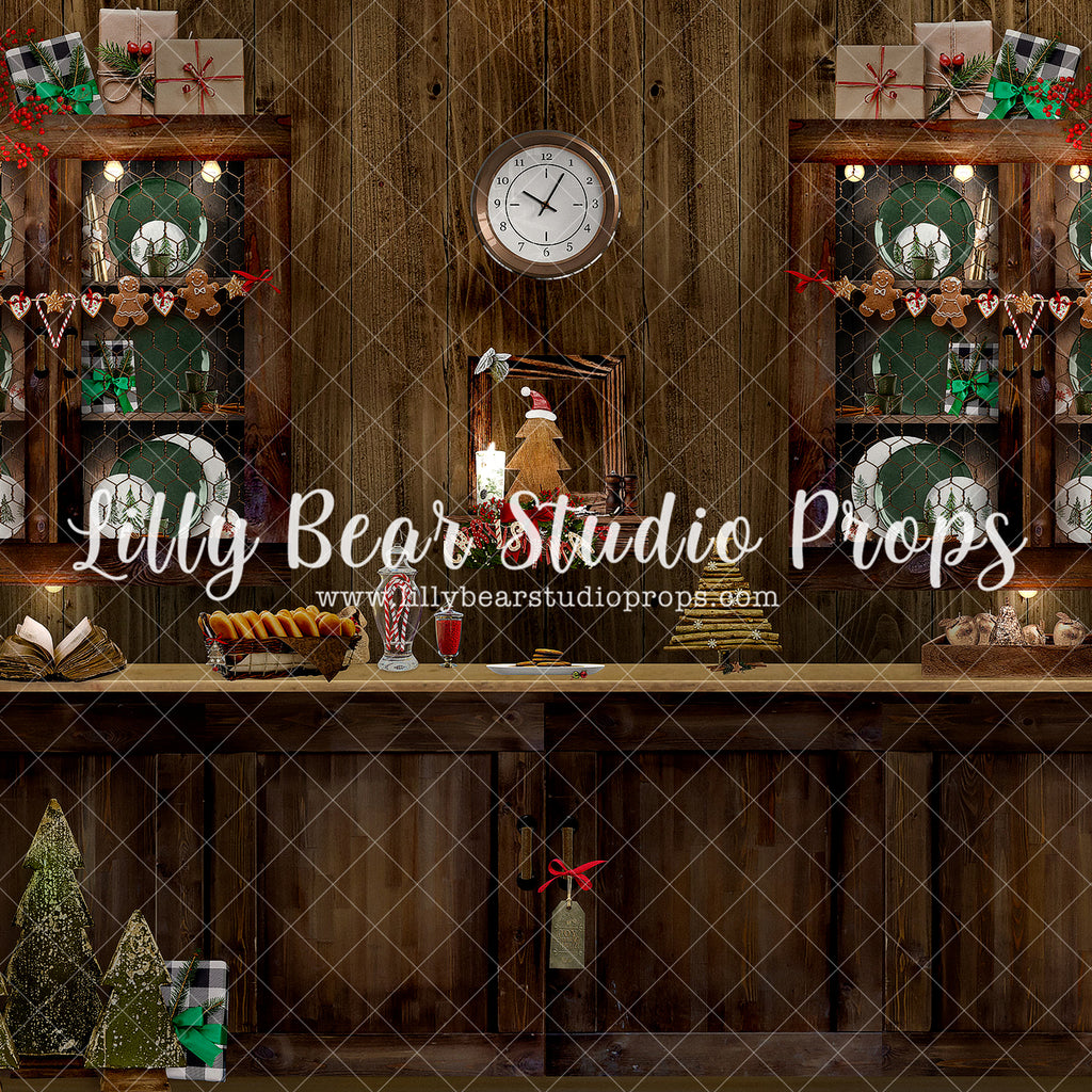 Holiday Baking Dark Wood Kitchen - Lilly Bear Studio Props, camper, candles, christmas, christmas kitchen, christmas snow, christmas window, Fabric, FABRICS, kitchen, red curtains, tree farm, winter, wreath