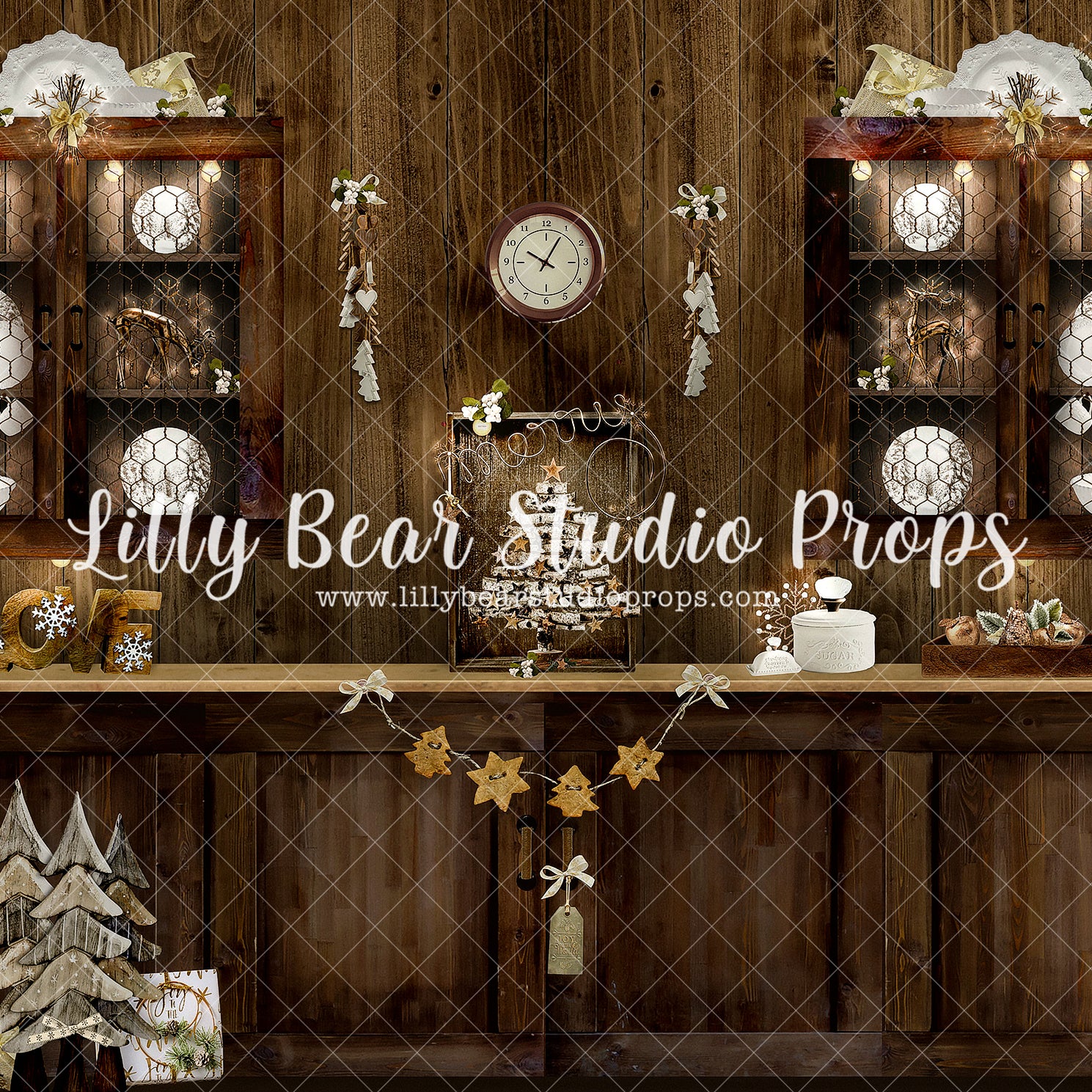 Holiday Baking Dark Light Wood Kitchen - Lilly Bear Studio Props, baking, camper, candles, christmas, christmas baking, christmas kitchen, christmas snow, christmas window, cookies, cooking, Fabric, FABRICS, kitchen, kitchen cabinet, kitchen cabnet, red curtains, tree farm, winter, winter kitchen, wood kitchen, wreath