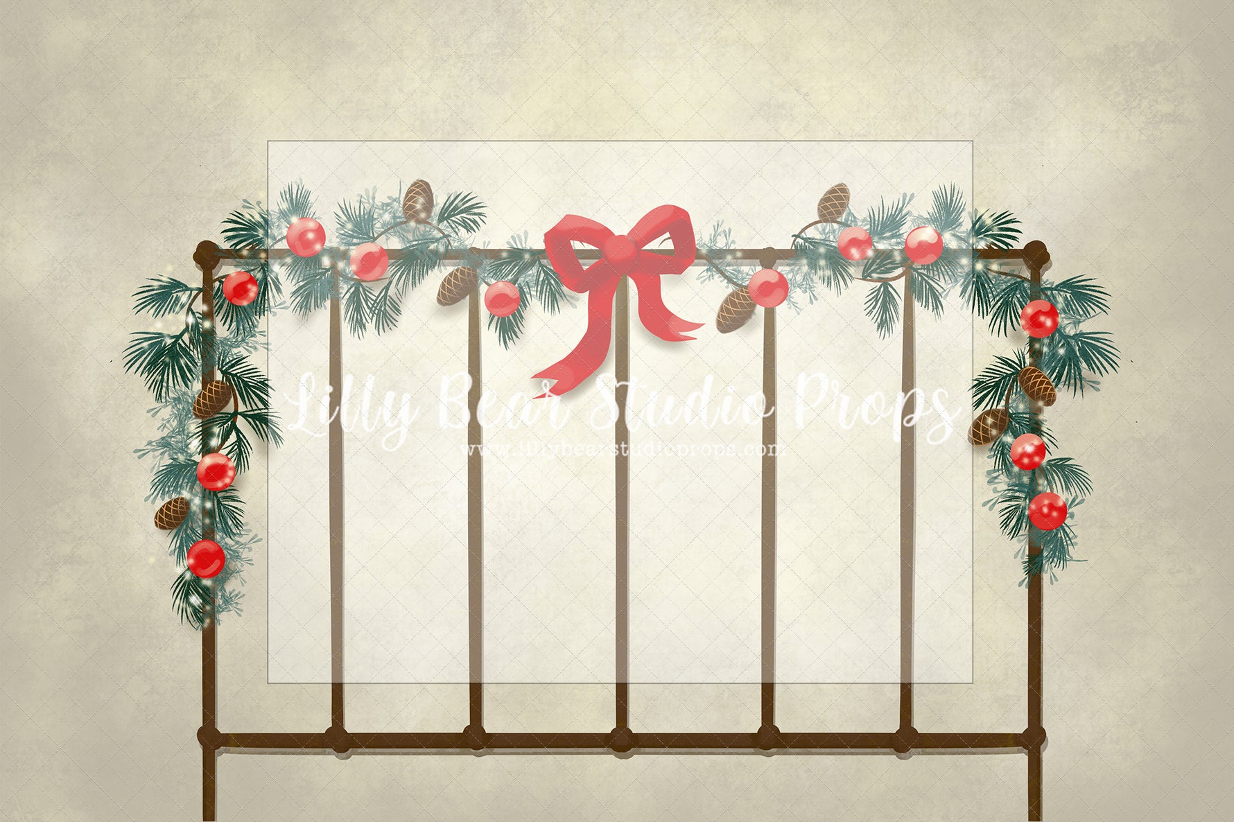 Holly Bow Warm Headboard - Lilly Bear Studio Props, christmas, Cozy, Decorated, Festive, Giving, Holiday, Holy, Hopeful, Joyful, Merry, Peaceful, Peacful, Red & Green, Seasonal, Winter, Xmas, Yuletide