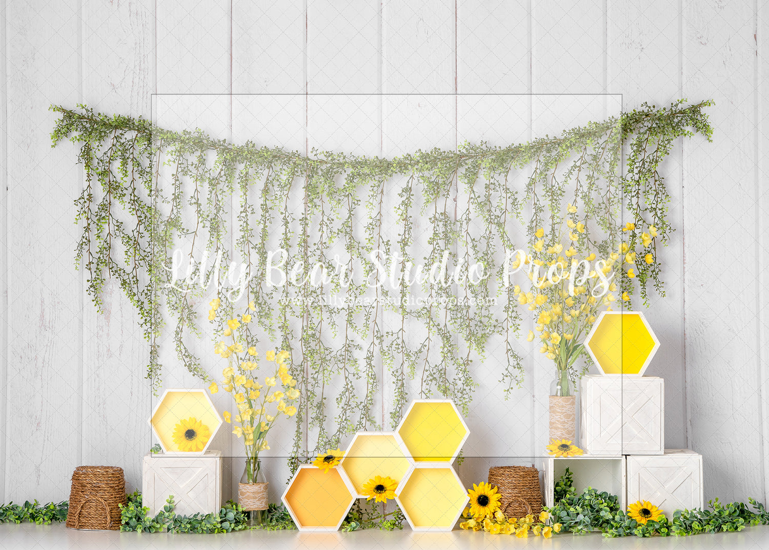 Honey Bee Garland - Lilly Bear Studio Props, bees, Fabric, FABRICS, green garland, honey, honey bees, honey comb, honey comb nest, yellow flowers, yellow honey comb
