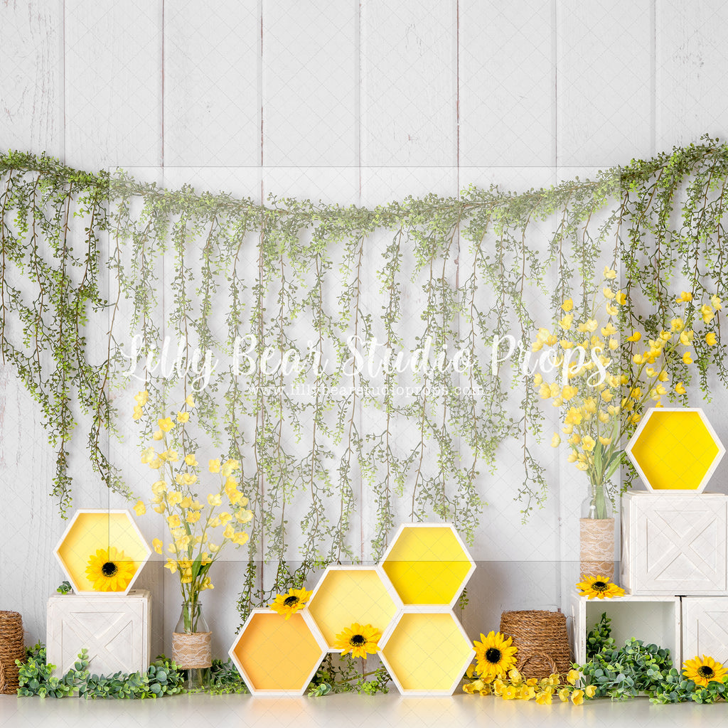 Honey Bee Garland - Lilly Bear Studio Props, bees, Fabric, FABRICS, green garland, honey, honey bees, honey comb, honey comb nest, yellow flowers, yellow honey comb