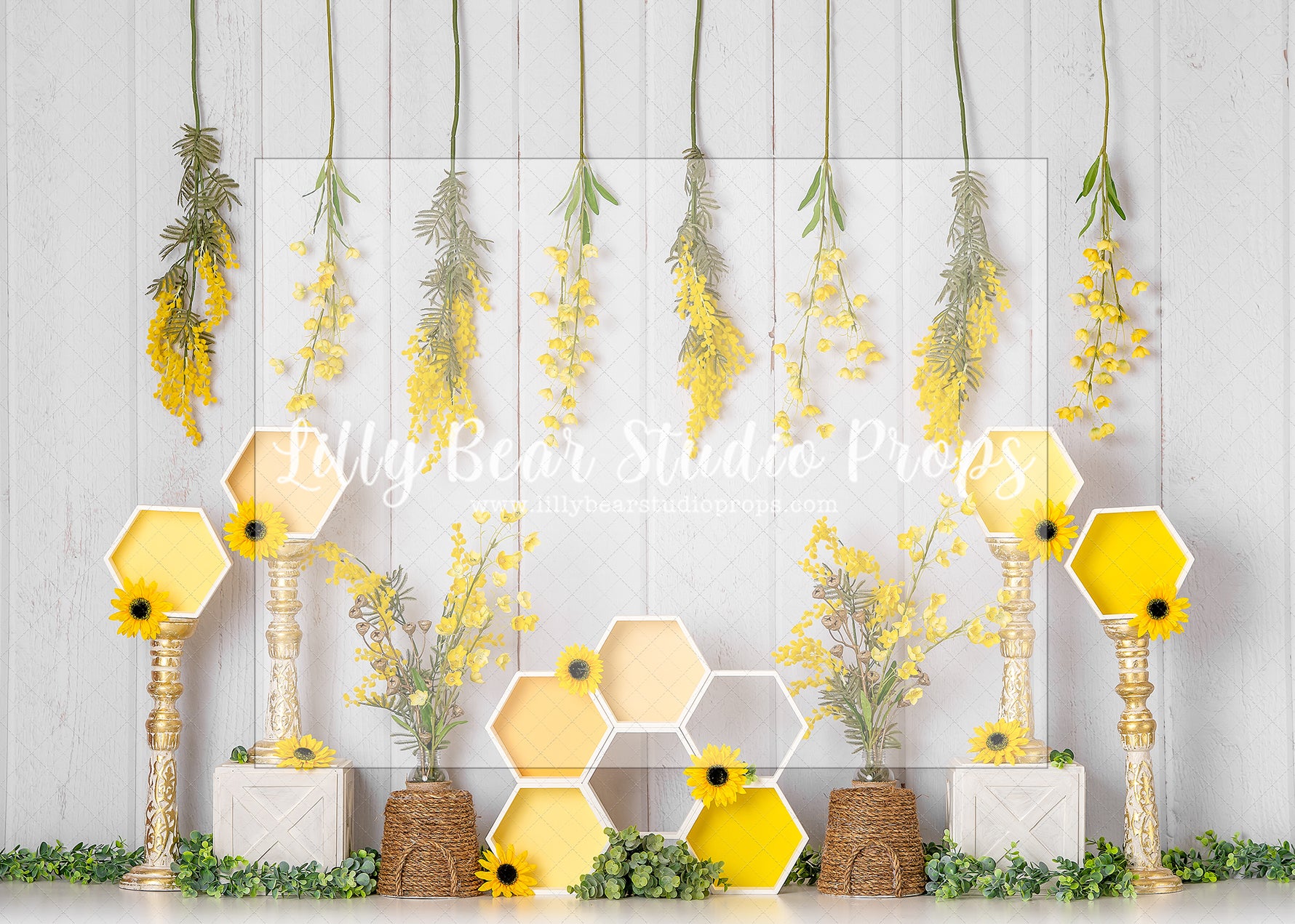 Honey Comb Delight - Lilly Bear Studio Props, bees, Fabric, FABRICS, green garland, honey, honey bees, honey comb, honey comb nest, yellow flowers, yellow honey comb
