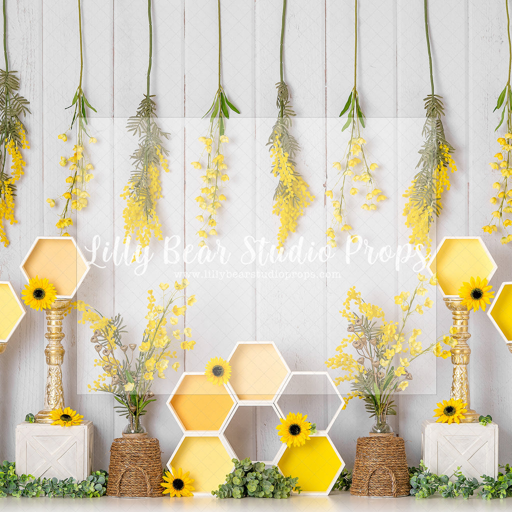 Honey Comb Delight - Lilly Bear Studio Props, bees, Fabric, FABRICS, green garland, honey, honey bees, honey comb, honey comb nest, yellow flowers, yellow honey comb