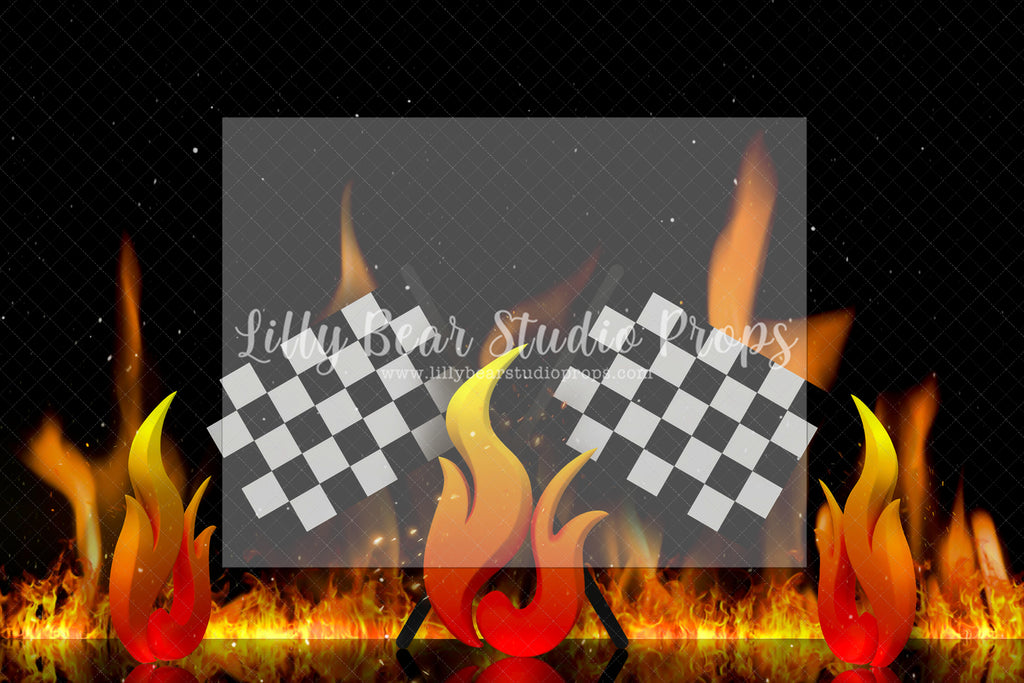 Hot Hot Hot Racer - Lilly Bear Studio Props, black and white checkered plaid, cars, checkered, checkered flags, Fabric, FABRICS, fire, fire flames, flame, hot wheel, hot wheels, race car, race track, toy cars