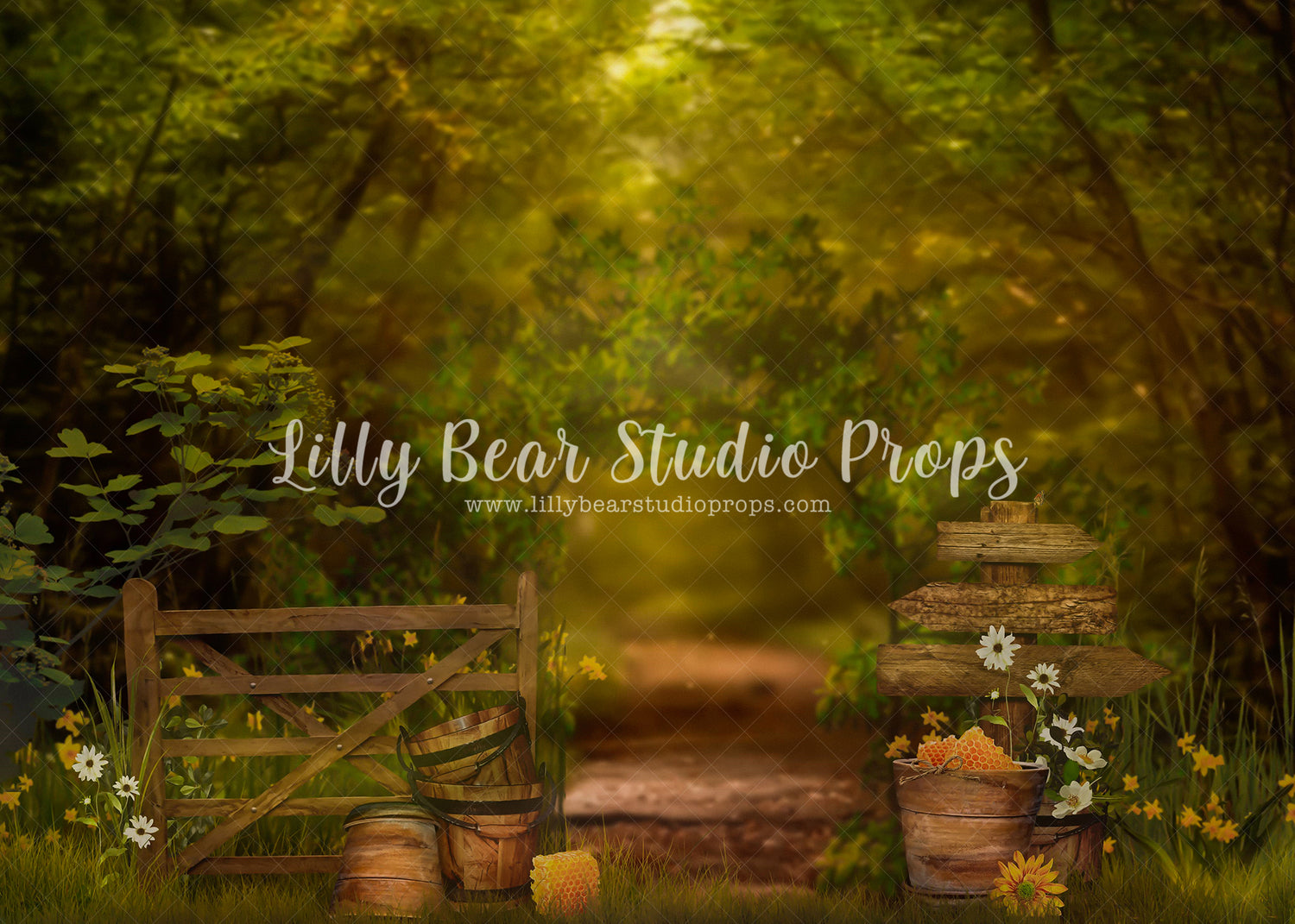 Hunny Forest - Lilly Bear Studio Props, daffodils, daisy, dried floral, FABRICS, fence, forest, forest entry, garden, garden entry, grass, grass garden, honey, honey bees, honey bucket, honey comb, honey flower, honey jar, rock garden, rustic door, rustic fence, spring, spring floral, spring garden, springtime, yellow flowers