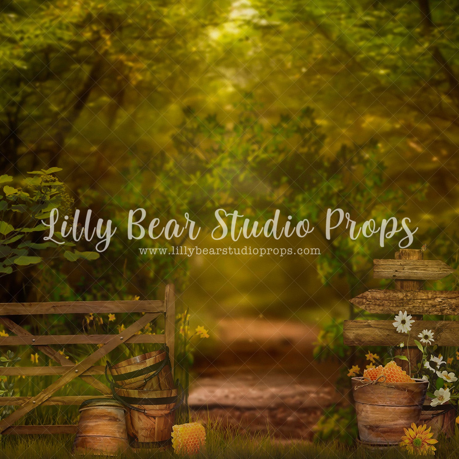 Hunny Forest - Lilly Bear Studio Props, daffodils, daisy, dried floral, FABRICS, fence, forest, forest entry, garden, garden entry, grass, grass garden, honey, honey bees, honey bucket, honey comb, honey flower, honey jar, rock garden, rustic door, rustic fence, spring, spring floral, spring garden, springtime, yellow flowers