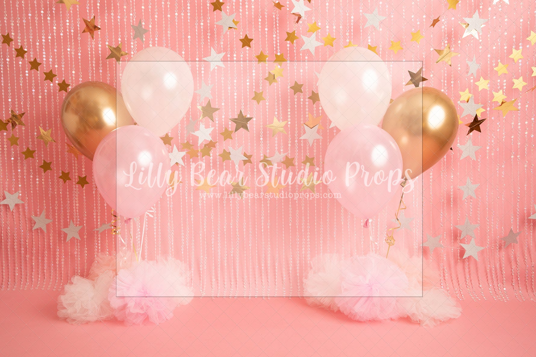 Starry Pink and Gold Party - Lilly Bear Studio Props, balloons, birthday, gold, gold balloon garland, gold balloons, gold beaded curtains, gold beads, gold curtains, gold star, gold star banner, gold stars, one, pink and gold, pink and gold balloons, pink and gold garland, pink and gold tassles, royal, royalty, white and gold balloon garland, white balloon garland, white balloons