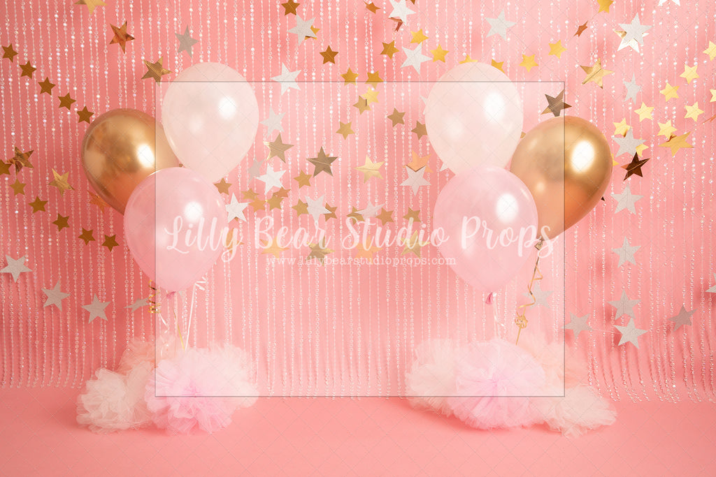 Starry Pink and Gold Party - Lilly Bear Studio Props, balloons, birthday, gold, gold balloon garland, gold balloons, gold beaded curtains, gold beads, gold curtains, gold star, gold star banner, gold stars, one, pink and gold, pink and gold balloons, pink and gold garland, pink and gold tassles, royal, royalty, white and gold balloon garland, white balloon garland, white balloons