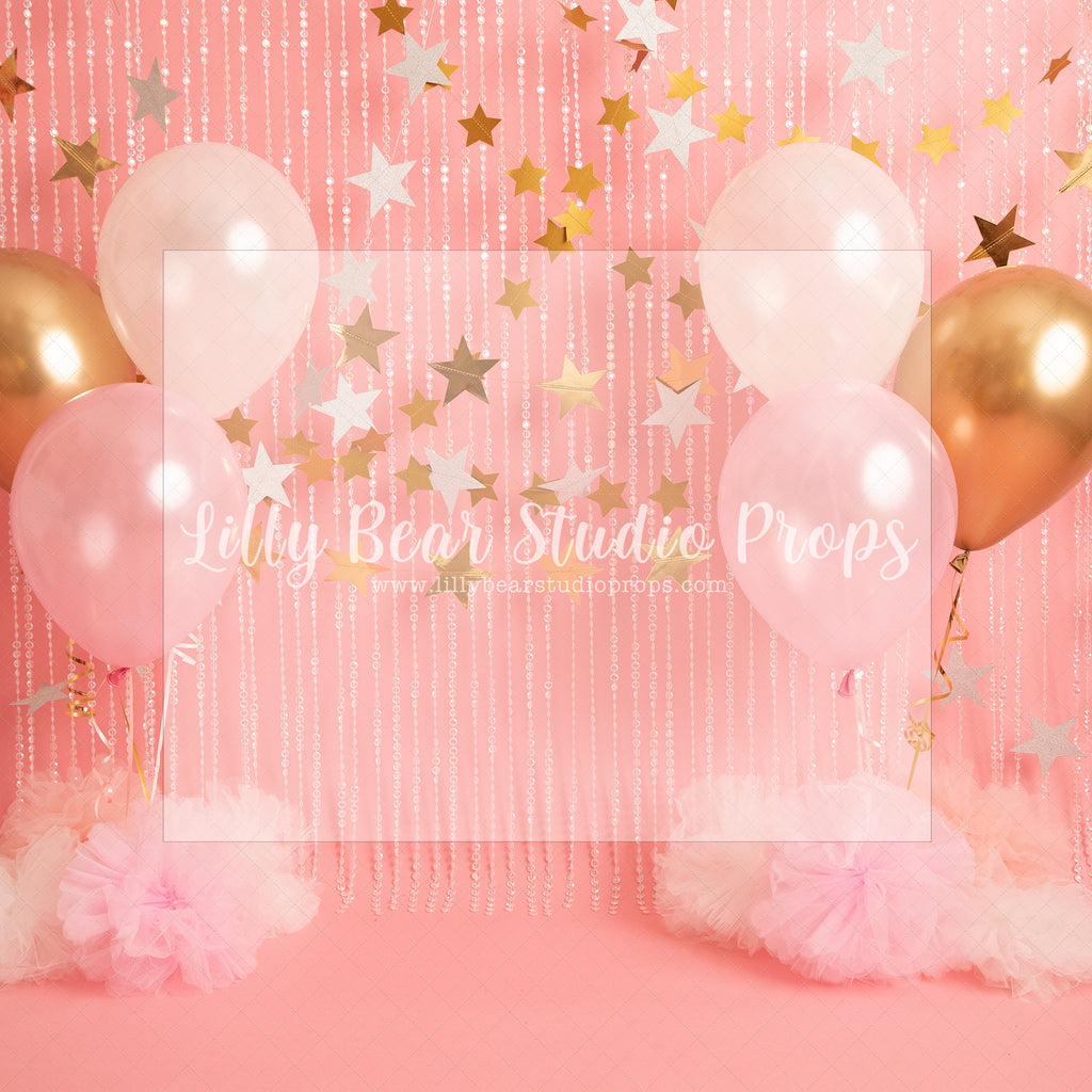 Starry Pink and Gold Party - Lilly Bear Studio Props, balloons, birthday, gold, gold balloon garland, gold balloons, gold beaded curtains, gold beads, gold curtains, gold star, gold star banner, gold stars, one, pink and gold, pink and gold balloons, pink and gold garland, pink and gold tassles, royal, royalty, white and gold balloon garland, white balloon garland, white balloons