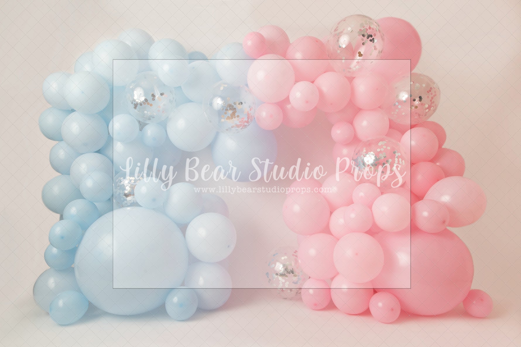 Blue Pink Twin Party - Lilly Bear Studio Props, baby blue, baby pink, blue and pink, blue balloons, blue rainbow, clouds, pink balloons, silver glitter, twin balloons