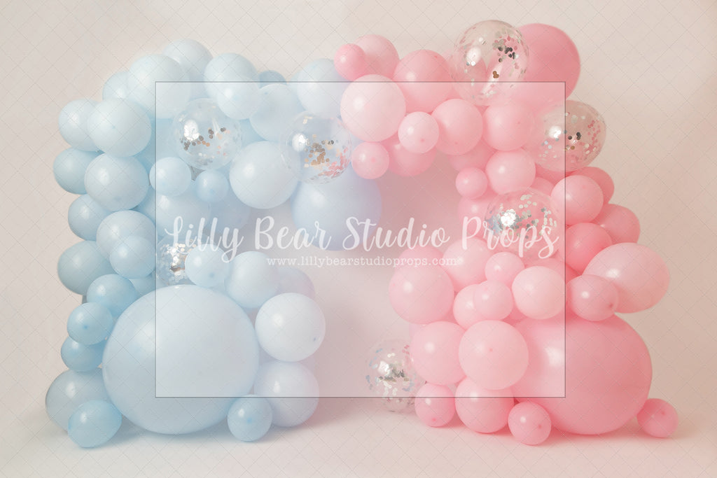 Blue Pink Twin Party - Lilly Bear Studio Props, baby blue, baby pink, blue and pink, blue balloons, blue rainbow, clouds, pink balloons, silver glitter, twin balloons