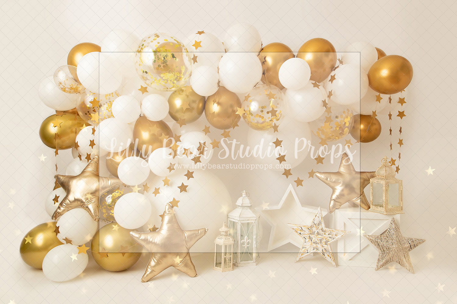 Glittery Gold Star - Lilly Bear Studio Props, balloons, birthday, gold, gold and white, gold and white balloons, gold balloon garland, gold balloons, gold beaded curtains, gold beads, gold curtains, gold star, gold star banner, gold stars, one, royal, royalty, white and gold balloon garland, white balloon garland, white balloons