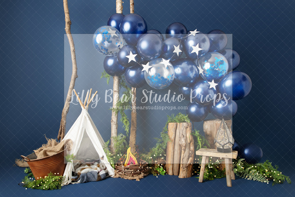 Adventure Away - Lilly Bear Studio Props, all stars, balloons, beads, birthday, blue, blue and gold, blue and gold balloons, blue balloons, boy birthday, camp, camp fire, campfire, camping, chandelier, crystal beads, gold tassles, little camper, little wild one, navy, one, royal, royal gold beads, royalty, star balloon, star balloons, tassles, wild one