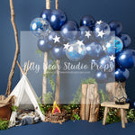 Adventure Away - Lilly Bear Studio Props, all stars, balloons, beads, birthday, blue, blue and gold, blue and gold balloons, blue balloons, boy birthday, camp, camp fire, campfire, camping, chandelier, crystal beads, gold tassles, little camper, little wild one, navy, one, royal, royal gold beads, royalty, star balloon, star balloons, tassles, wild one