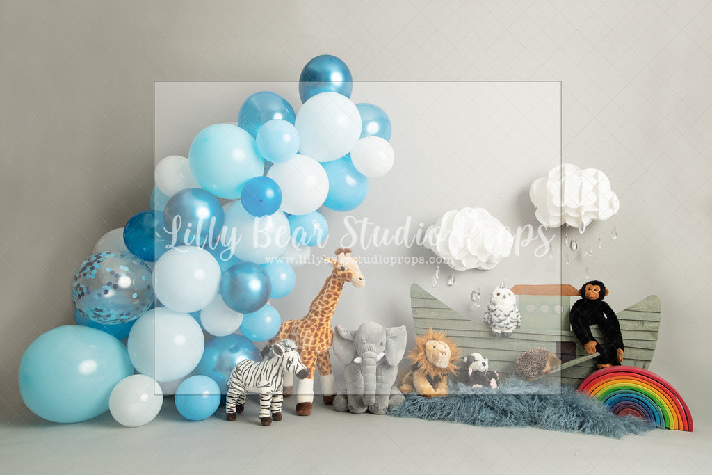 Noah and Friends - Lilly Bear Studio Props, blue and white, blue and white balloons, blue balloons, blue confetti balloon, dino balloons, giraffe, green metallic, jungle safari party, little wild one, noah's ark, roar, safari, tropical balloons, wild one