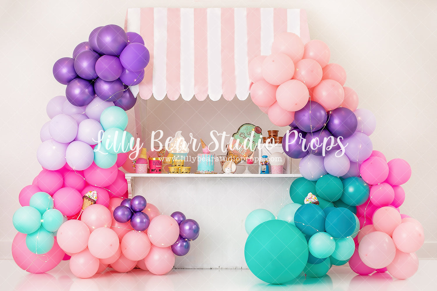 Ice Cream Stand - Lilly Bear Studio Props, ice cream, ice cream balloons, ice cream cart, ice cream gelato, Ice cream parlor, ice cream parlour, ice cream shop, ice cream stand, pink balloons, summer, summertime, white and pink balloons