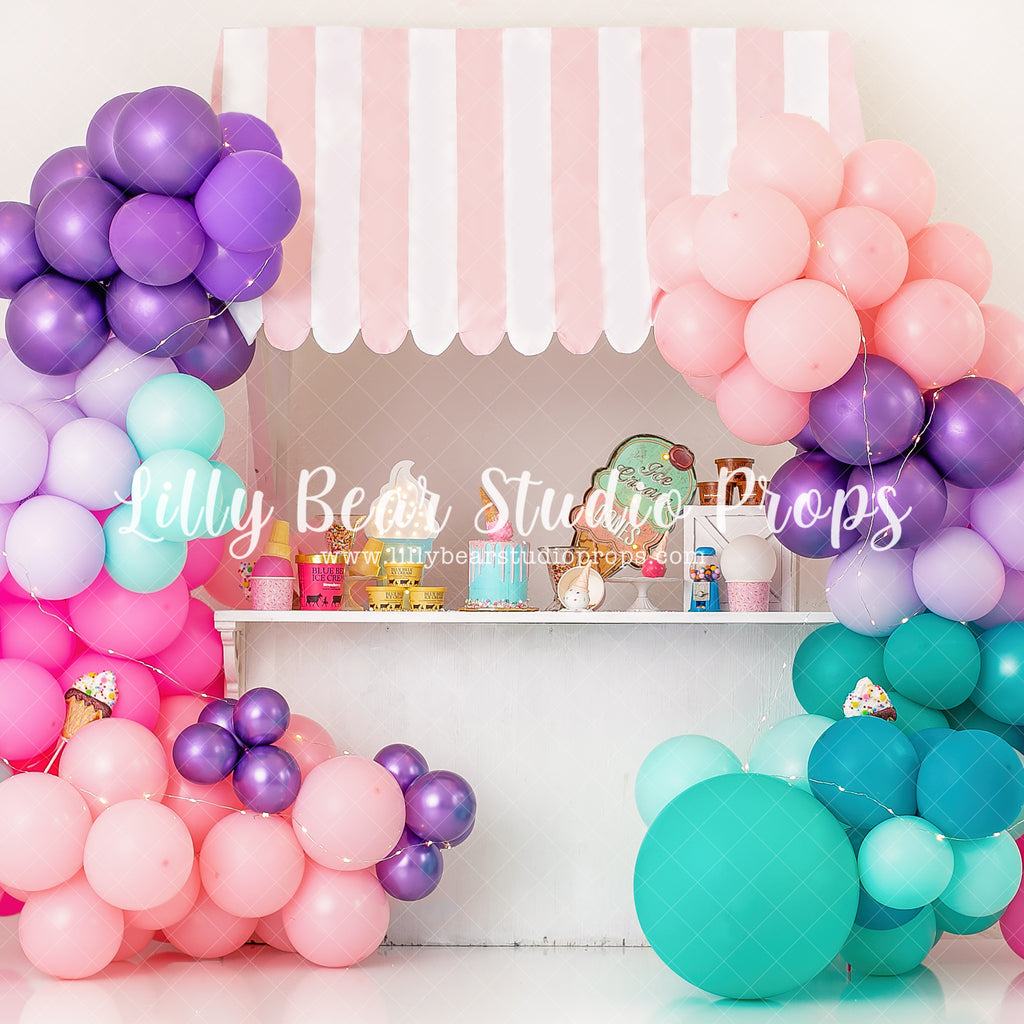 Ice Cream Stand - Lilly Bear Studio Props, ice cream, ice cream balloons, ice cream cart, ice cream gelato, Ice cream parlor, ice cream parlour, ice cream shop, ice cream stand, pink balloons, summer, summertime, white and pink balloons