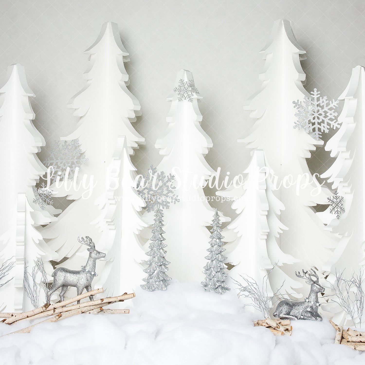 Icy Pines - Lilly Bear Studio Props, arctic pines, christmas, christmas village, evergreen trees, evergreens, holiday, holiday christmas, pine trees, silver deer, silver snowflakes, silver trees, silver winter, snow, snow pines, snowflakes, snowy forest, snowy pine, snowy pine trees, snowy trees, village, white and silver christmas, white christmas, white holiday, white pine trees, white winter, winter, winter christmas, winter diamond
