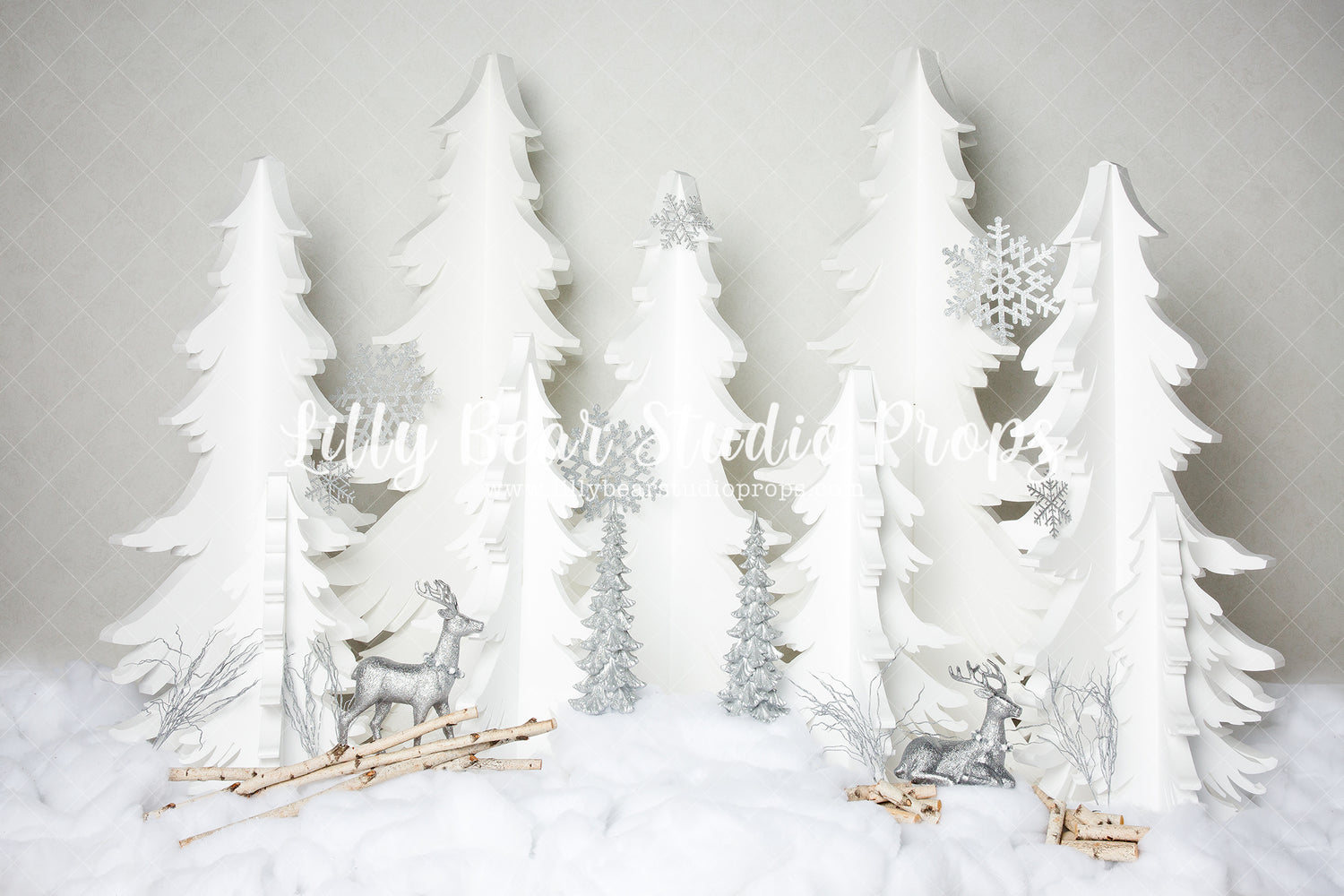 Icy Pines - Lilly Bear Studio Props, arctic pines, christmas, christmas village, evergreen trees, evergreens, holiday, holiday christmas, pine trees, silver deer, silver snowflakes, silver trees, silver winter, snow, snow pines, snowflakes, snowy forest, snowy pine, snowy pine trees, snowy trees, village, white and silver christmas, white christmas, white holiday, white pine trees, white winter, winter, winter christmas, winter diamond