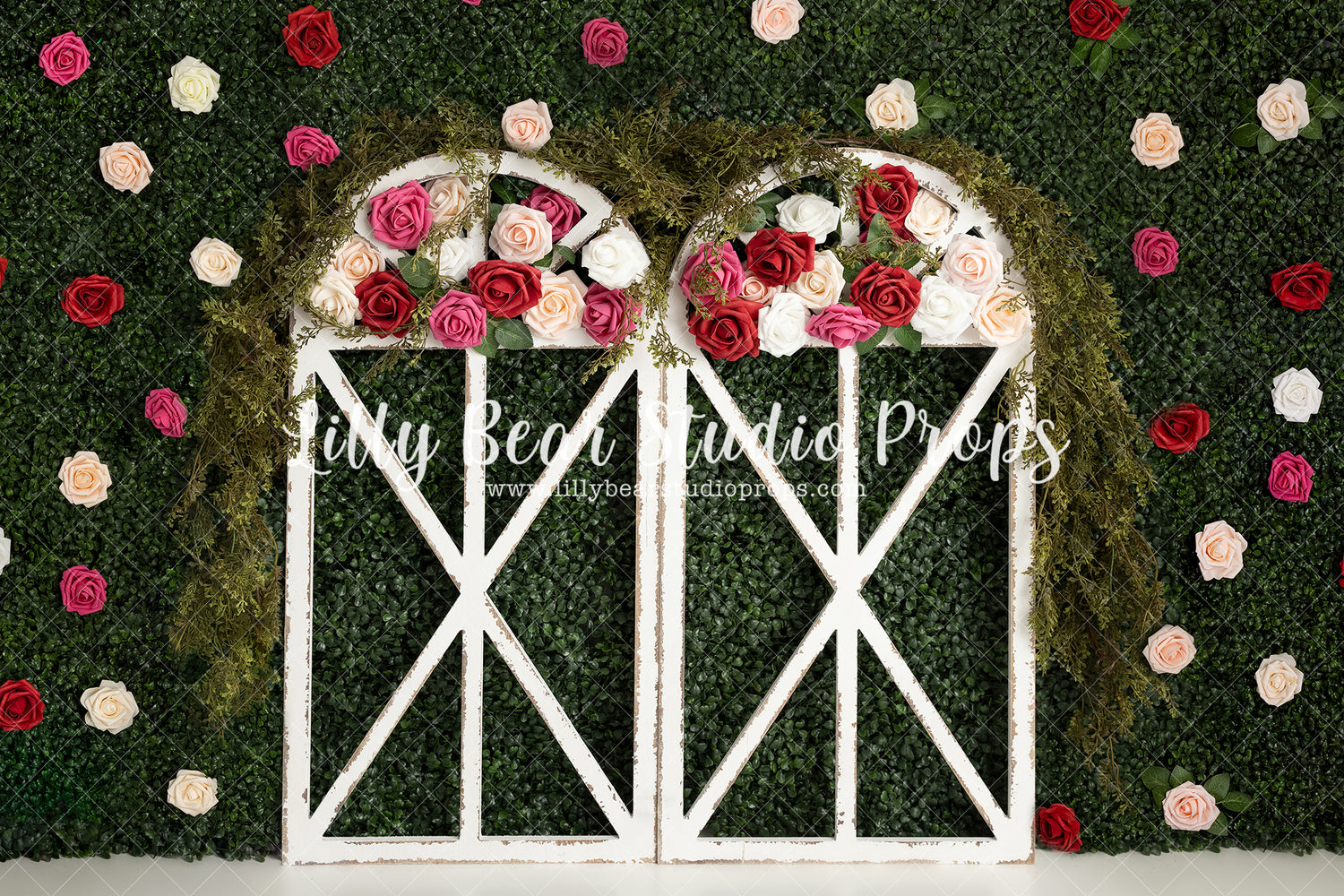 In Bloom Spring Rose Arch - Lilly Bear Studio Props, boxwood, boxwood wall, bush, FABRICS, floral, flowers, frame, garden, grass, green wall, greenery, pink rose, pink roses, purple roses, red rose, red roses, rose, roses, spring, valentine, valentines, valentines day, white roses, window