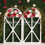 In Bloom Spring Rose Arch - Lilly Bear Studio Props, boxwood, boxwood wall, bush, FABRICS, floral, flowers, frame, garden, grass, green wall, greenery, pink rose, pink roses, purple roses, red rose, red roses, rose, roses, spring, valentine, valentines, valentines day, white roses, window