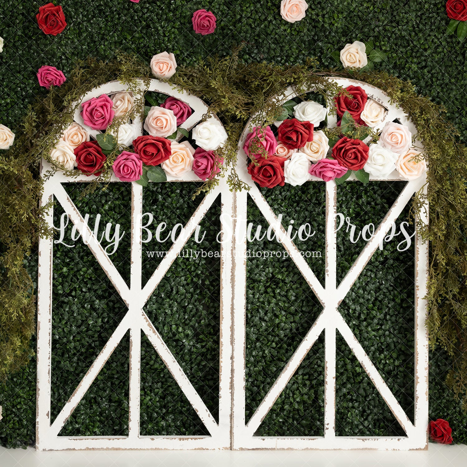 In Bloom Spring Rose Arch - Lilly Bear Studio Props, boxwood, boxwood wall, bush, FABRICS, floral, flowers, frame, garden, grass, green wall, greenery, pink rose, pink roses, purple roses, red rose, red roses, rose, roses, spring, valentine, valentines, valentines day, white roses, window
