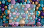 Inside The Ocean - Lilly Bear Studio Props, balloon, balloon garland, balloon wall, blue, blue balloon garland, blue balloons, cake smash, Fabric, FABRICS, fish net, net, ocean, ocean blue, starfish, under the sea, under water, underwater, underwater bubbles, white balloons, Wrinkle Free Fabric
