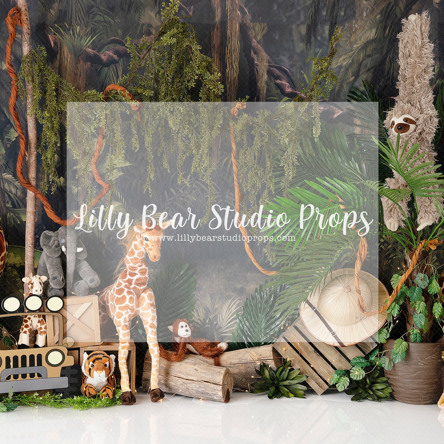 In The Jungle Fever - Lilly Bear Studio Props, aftrican lion safari, balloon and leaves, balloon garland, dino, elephant, elephant jungle, elephants, giraffe, jeep, jungle, jungle safari party, lion, safari, safari jeep, tiger, wild jungle, wild little one, wild one
