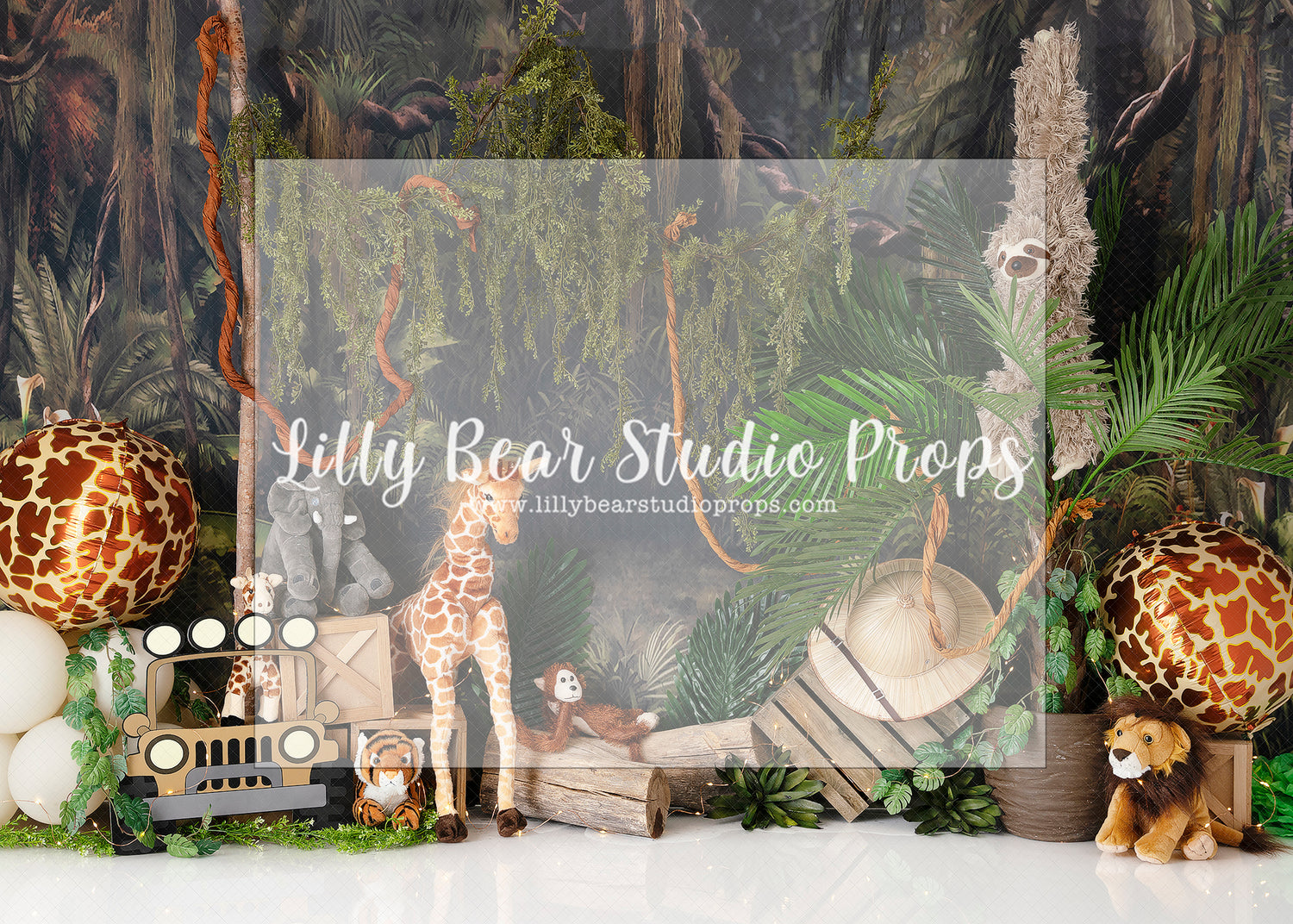 In The Jungle Fever - Lilly Bear Studio Props, aftrican lion safari, balloon and leaves, balloon garland, dino, elephant, elephant jungle, elephants, giraffe, jeep, jungle, jungle safari party, lion, safari, safari jeep, tiger, wild jungle, wild little one, wild one