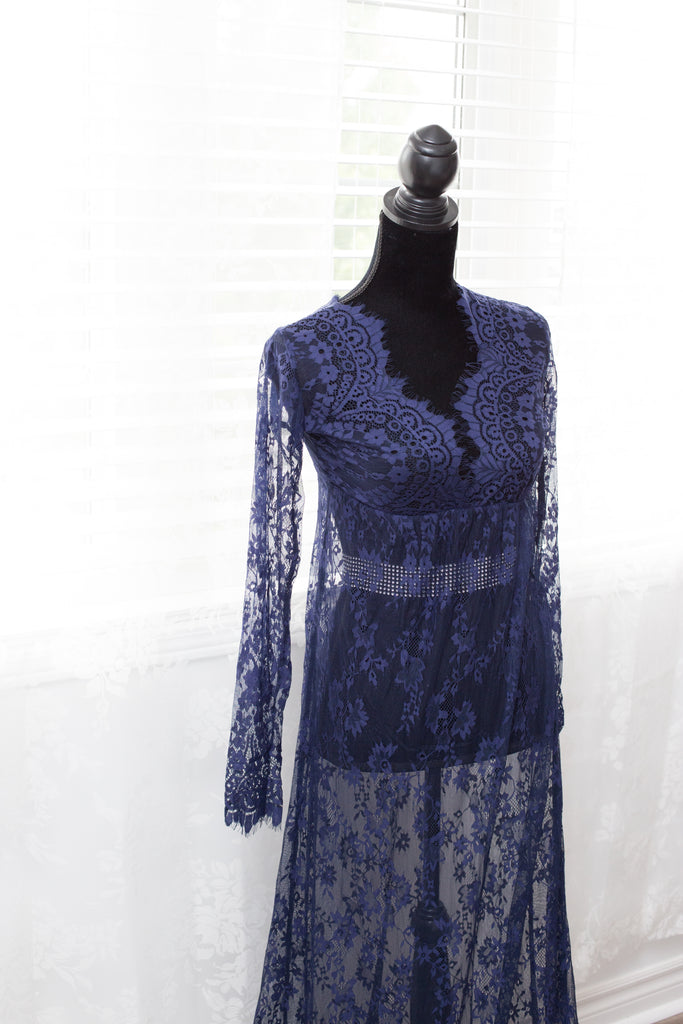 Long Sleeve Navy Lace Maternity Gown by Lilly Bear Studio Props sold by Lilly Bear Studio Props, dress - lace dress - l