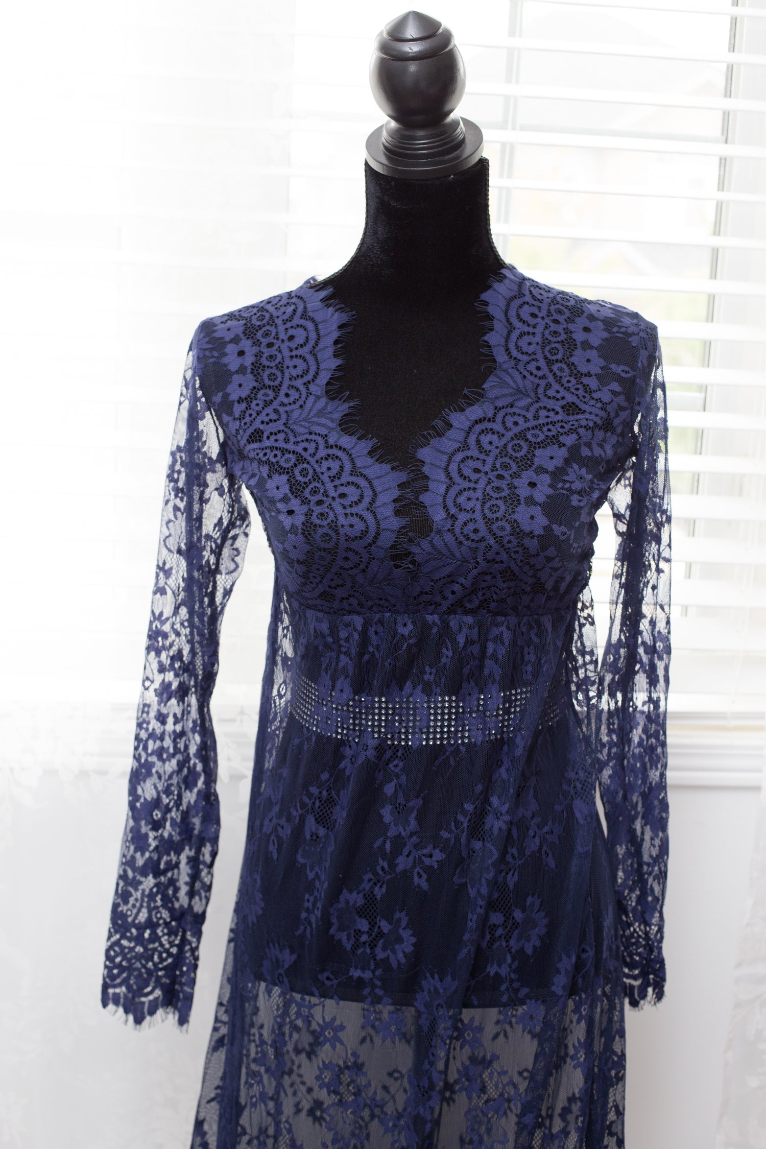 Long Sleeve Navy Lace Maternity Gown by Lilly Bear Studio Props sold by Lilly Bear Studio Props, dress - lace dress - l