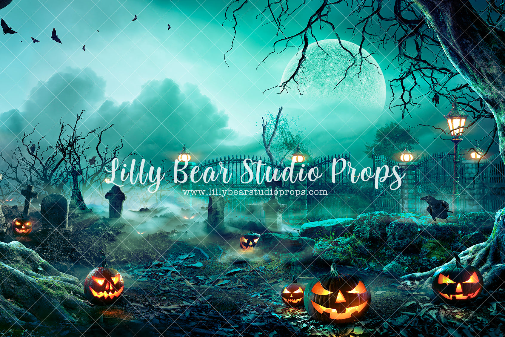 Jack-O-Lantern Cementary - Lilly Bear Studio Props, fall, fall forest, fall leaves, fall mini, fall season, fall sunset, fields, forest night, forest silouette, grass field, hello fall, jack-o-lantern, jack-o-lanterns, jackolantern, lantern, lantern light, lanterns, moon, night forest, pumpkins, spooky, spooky forest, spooky halloween, spooky house, spooky night, spooky one, spooky tree, street lanterns, sunset, Wrinkle Free Fabric