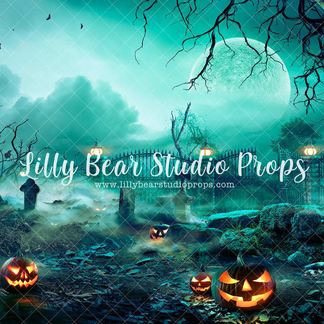 Jack-O-Lantern Cementary - Lilly Bear Studio Props, fall, fall forest, fall leaves, fall mini, fall season, fall sunset, fields, forest night, forest silouette, grass field, hello fall, jack-o-lantern, jack-o-lanterns, jackolantern, lantern, lantern light, lanterns, moon, night forest, pumpkins, spooky, spooky forest, spooky halloween, spooky house, spooky night, spooky one, spooky tree, street lanterns, sunset, Wrinkle Free Fabric
