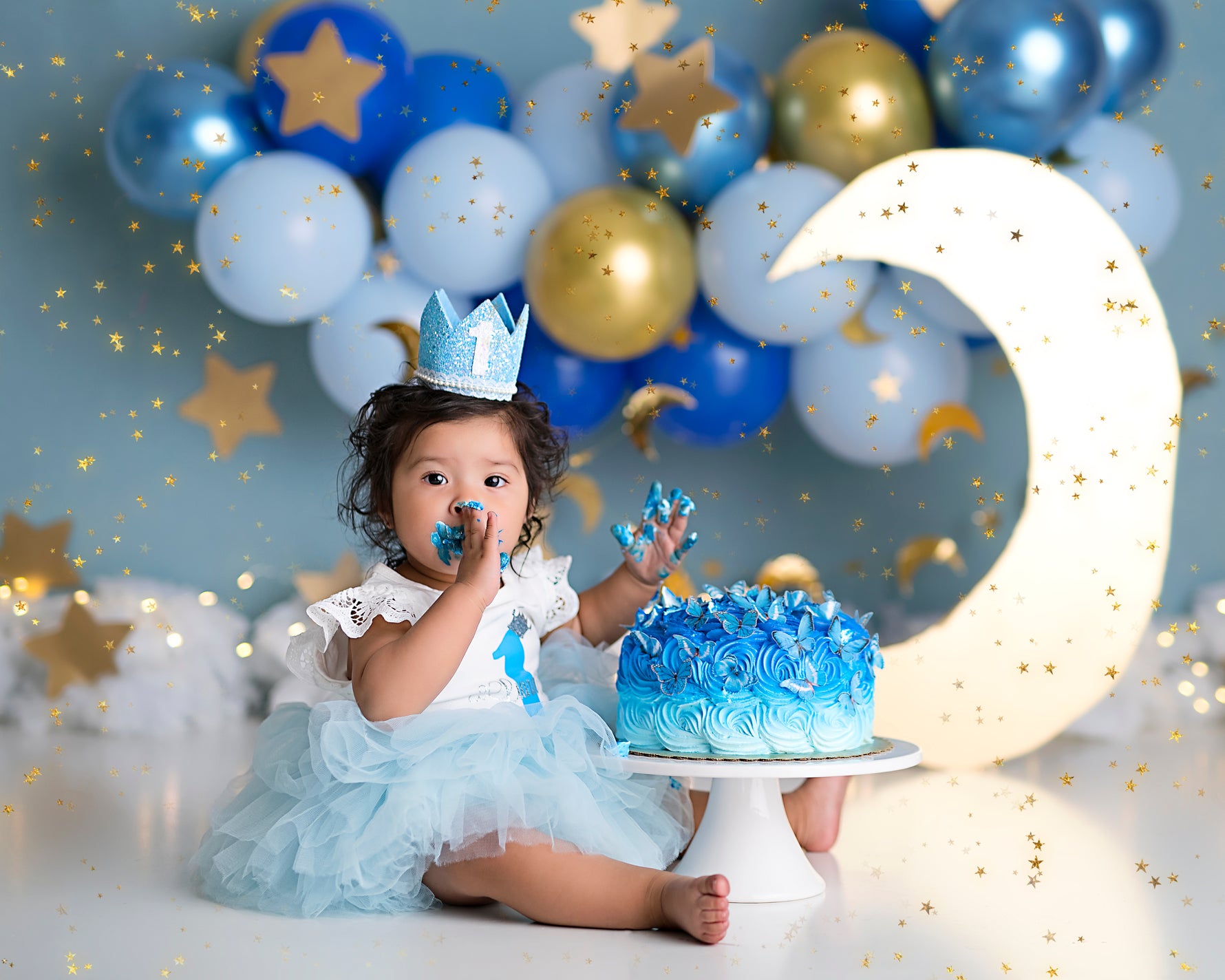 Gold Moon Blues by Sweet Little Blessings - Lilly Bear Studio Props, FABRICS, girl, gold and blue, gold and blue garland, gold moon, gold moon and stars, gold moon and stars balloons, twinkle twinkle, twinkle twinkle little star