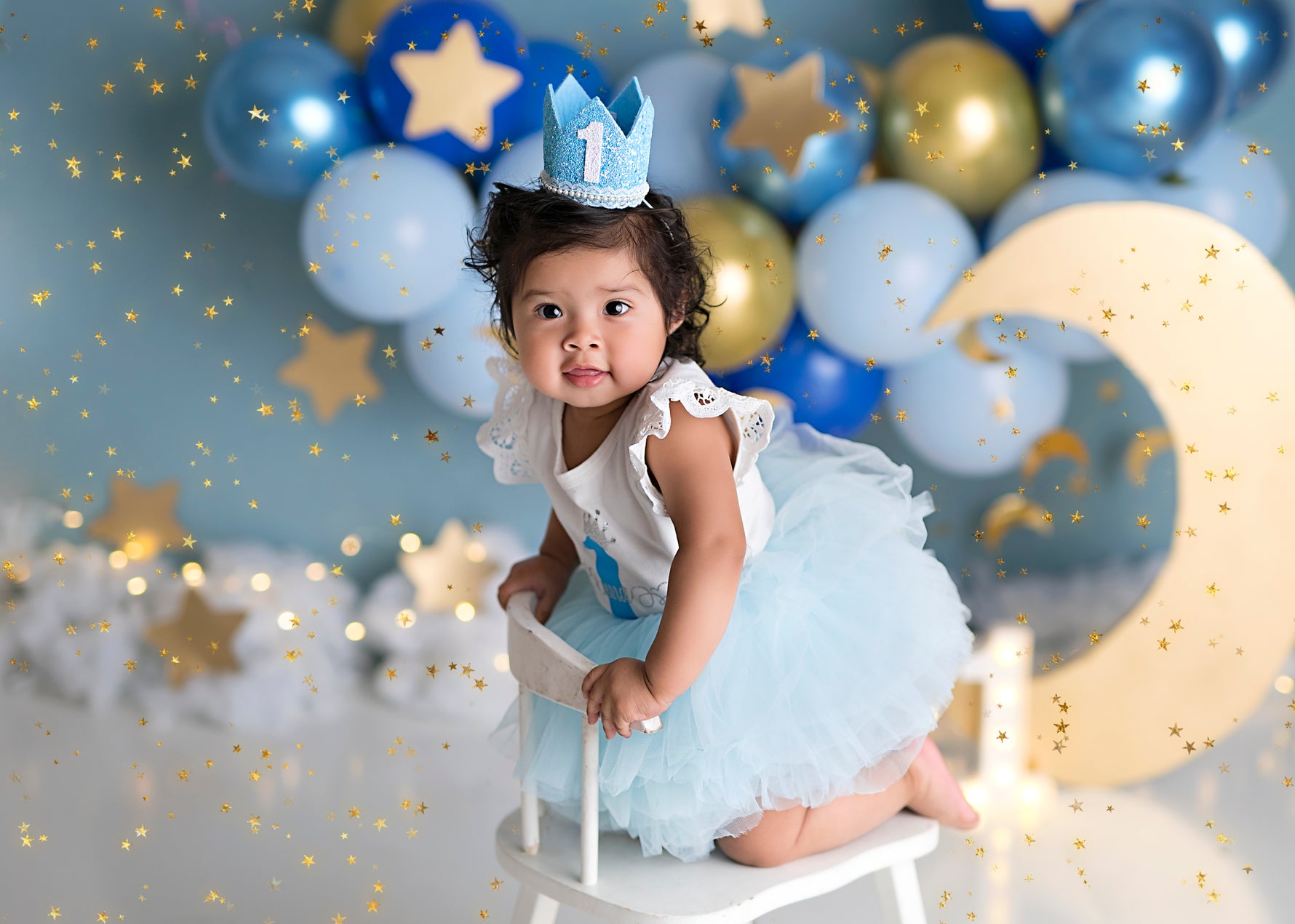 Gold Moon Blues by Sweet Little Blessings - Lilly Bear Studio Props, FABRICS, girl, gold and blue, gold and blue garland, gold moon, gold moon and stars, gold moon and stars balloons, twinkle twinkle, twinkle twinkle little star