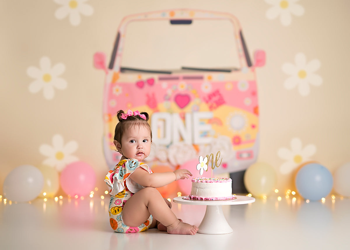 Flower Child Hippie by Sweet Little Blessings - Lilly Bear Studio Props, 60s, blushing, daisies, daisy, daisy flowers, FABRICS, floral, girl, groovy, groovy man, groovy one, hippie, paper flower wall, paper flowers, pastel pink flowers, peace, peace and love, peace love, peace symbol, VW bus, VW camper, white daisies, yellow daisies