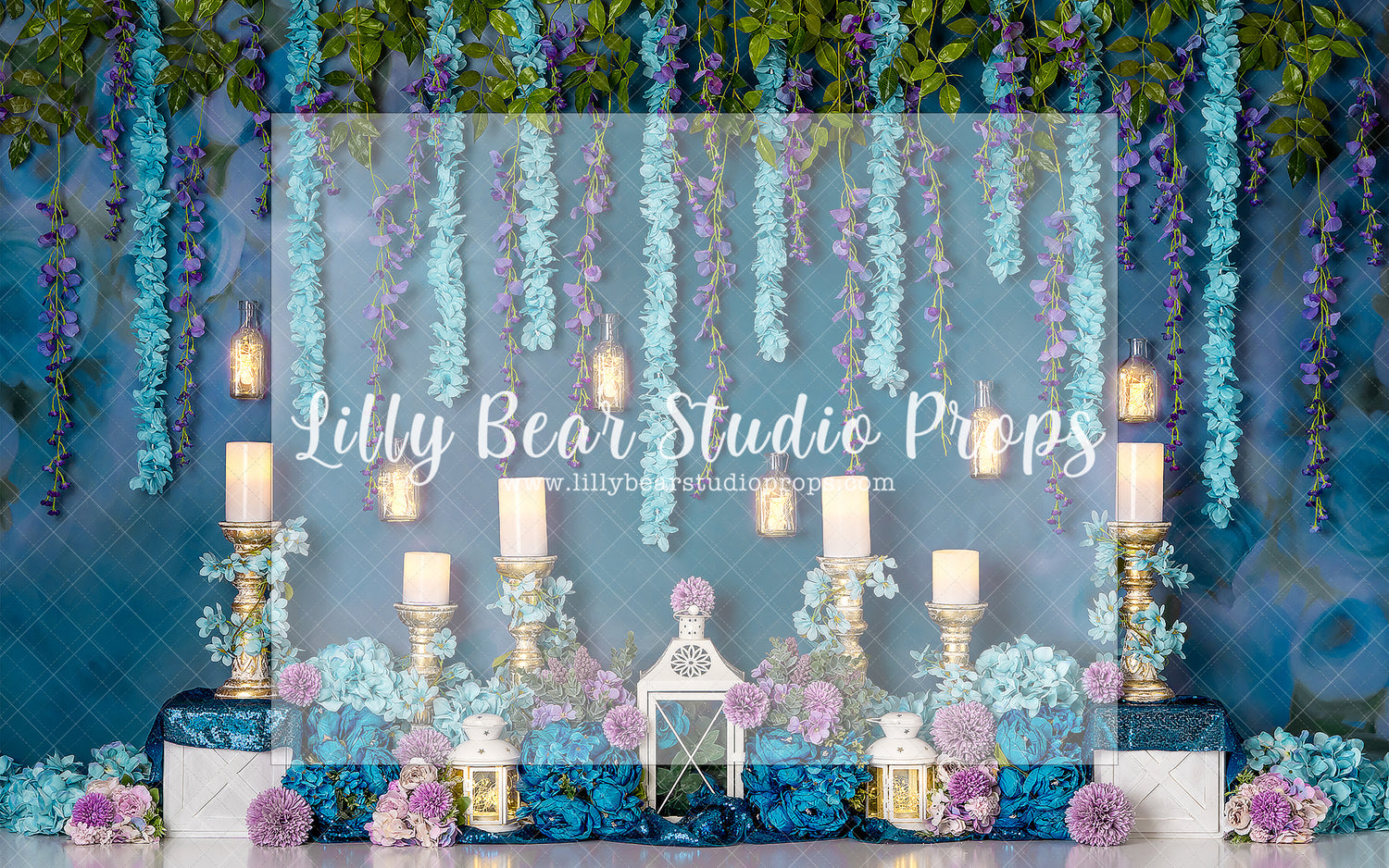 Jasmine Night Garden - Lilly Bear Studio Props, aladdin, blue and purple, blue flowers, candles, fabric, fairy garden, fairy garden night, fine art, floral, floral garden, garden, garden flowers, garden garland, garden love, garden tea party, girls, hand painted, jasmine, lanterns, magical fairy garden, magical garden, poly, pretty garden, purple flowers, spring garden, vinyl
