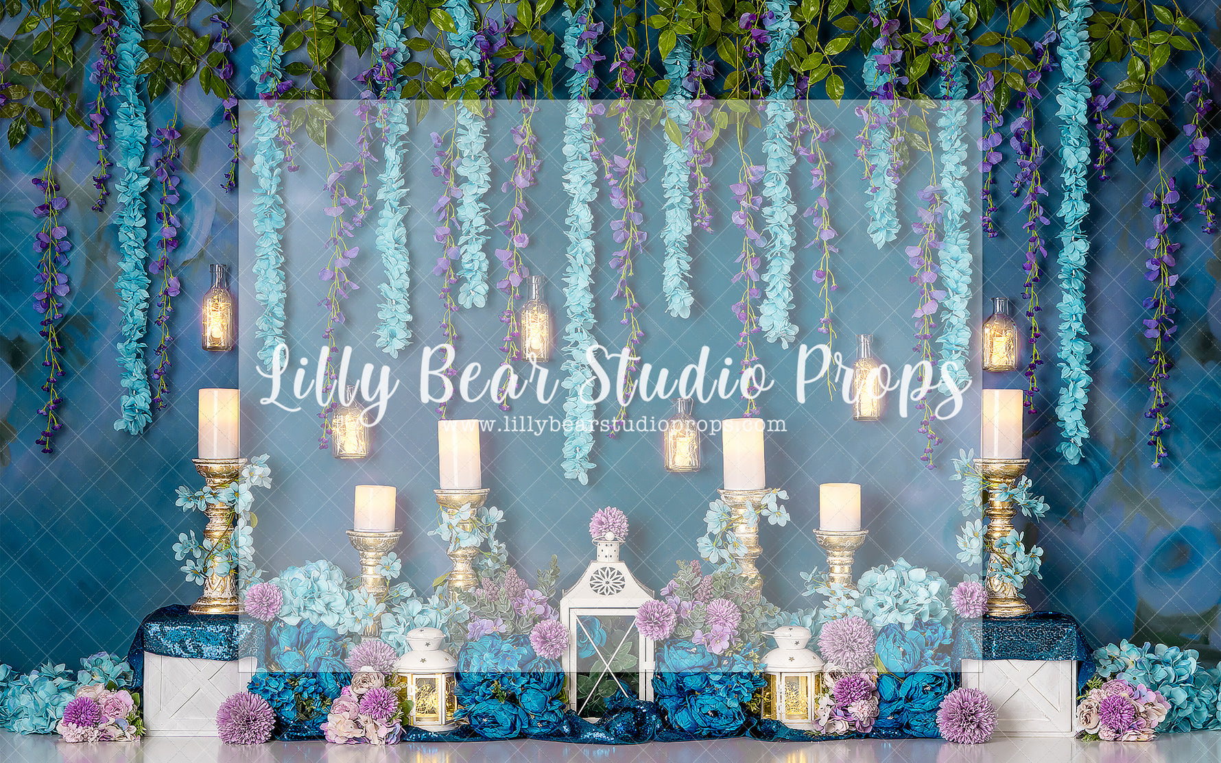 Jasmine Night Garden - Lilly Bear Studio Props, aladdin, blue and purple, blue flowers, candles, fabric, fairy garden, fairy garden night, fine art, floral, floral garden, garden, garden flowers, garden garland, garden love, garden tea party, girls, hand painted, jasmine, lanterns, magical fairy garden, magical garden, poly, pretty garden, purple flowers, spring garden, vinyl