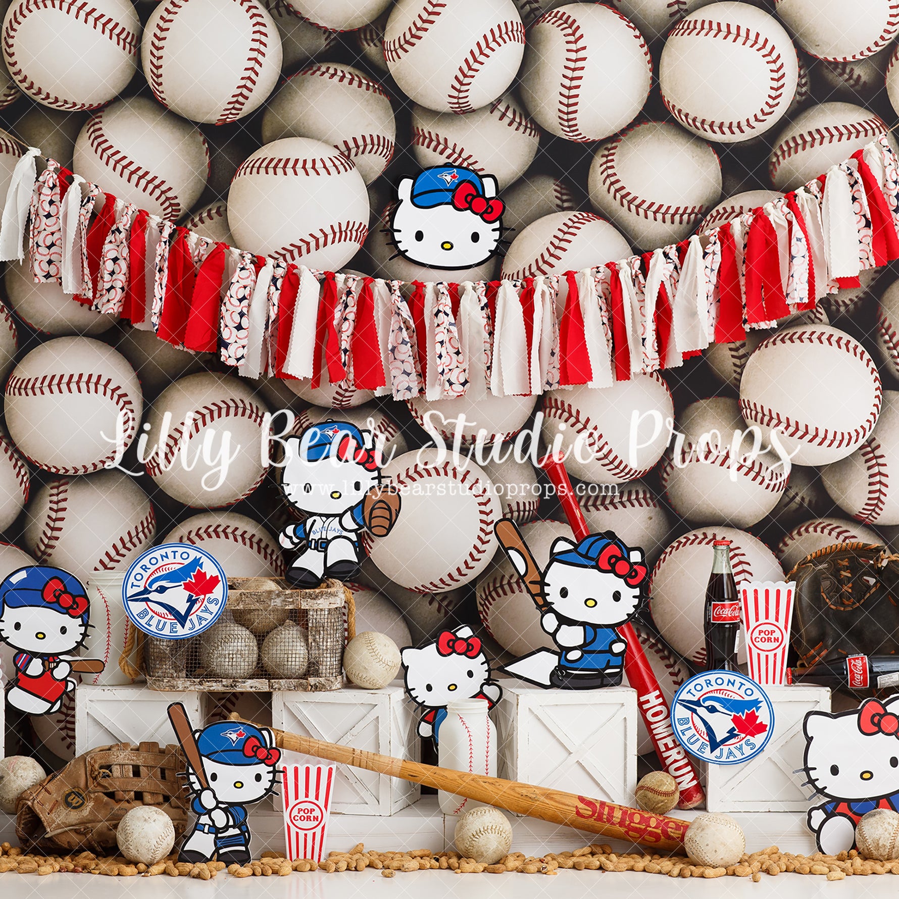 Jays Kitty Baseball - Lilly Bear Studio Props, april showers, ball, ball game, baseball, baseball balls, baseball bat, baseball birthday, baseball diamond, baseball field, baseball glove, baseball player, blue jays, blue jays baseball, coca cola, Fabric, girl baseball, hello kitty, hello kitty baseball, peanuts, popcorn, sports, star player, Wrinkle Free Fabric