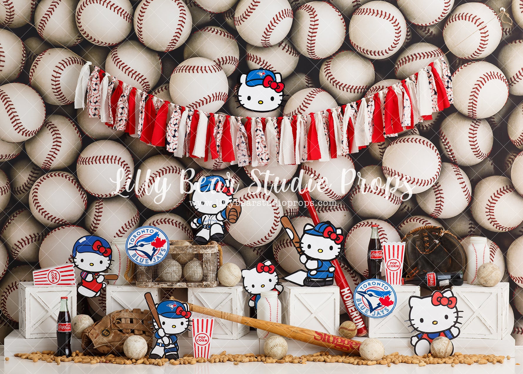 Jays Kitty Baseball - Lilly Bear Studio Props, april showers, ball, ball game, baseball, baseball balls, baseball bat, baseball birthday, baseball diamond, baseball field, baseball glove, baseball player, blue jays, blue jays baseball, coca cola, Fabric, girl baseball, hello kitty, hello kitty baseball, peanuts, popcorn, sports, star player, Wrinkle Free Fabric