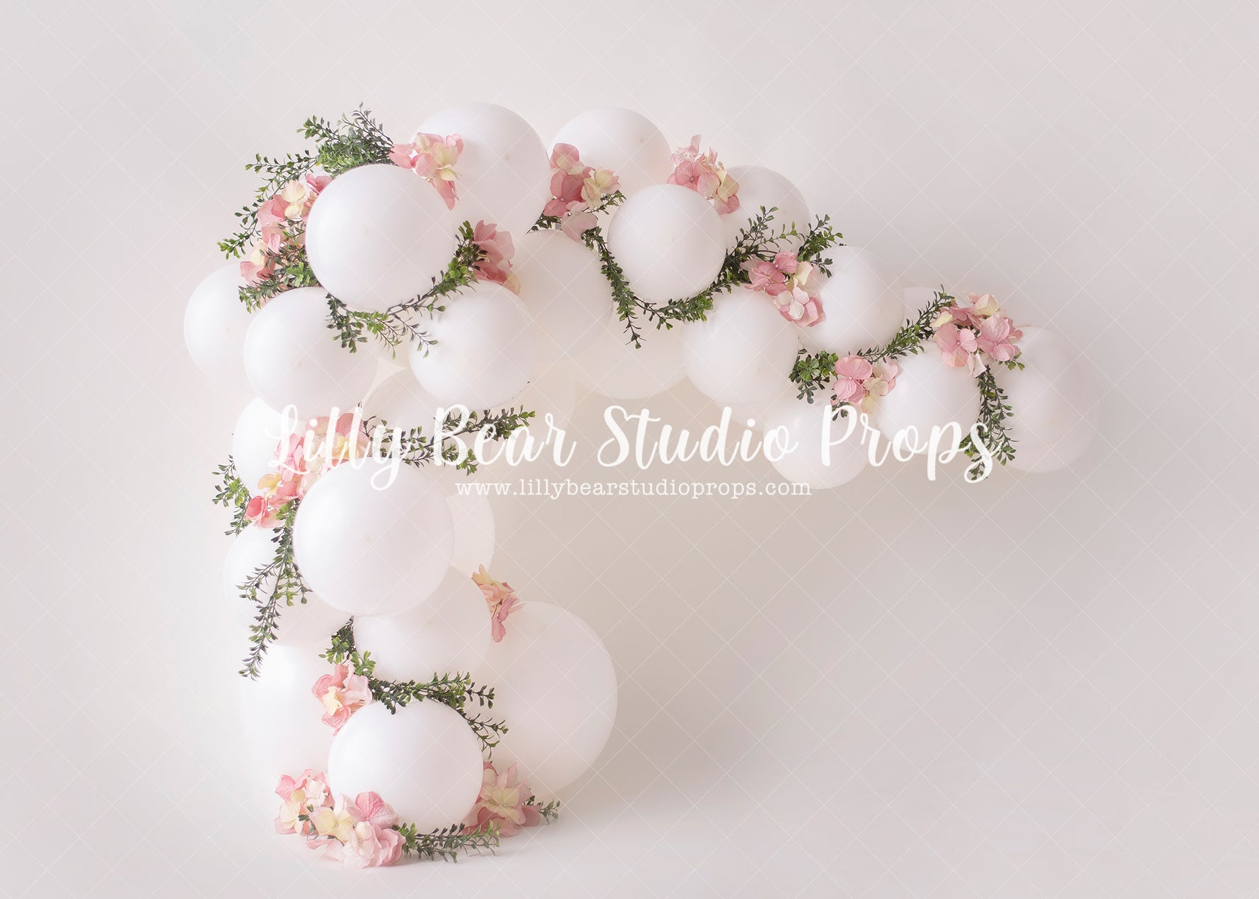 Jazmyn - Lilly Bear Studio Props, balloon arch, boho greenery, cake smash, floral pink, flowers, greenery, pastel, pink floral, pink flower, pink flowers, spring flowers, white balloon arch, white balloons