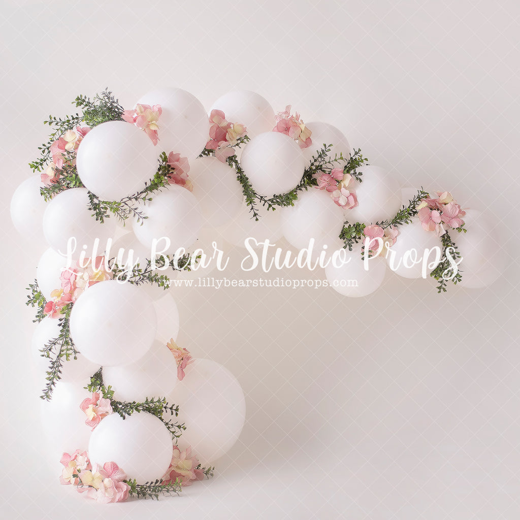 Jazmyn - Lilly Bear Studio Props, balloon arch, boho greenery, cake smash, floral pink, flowers, greenery, pastel, pink floral, pink flower, pink flowers, spring flowers, white balloon arch, white balloons