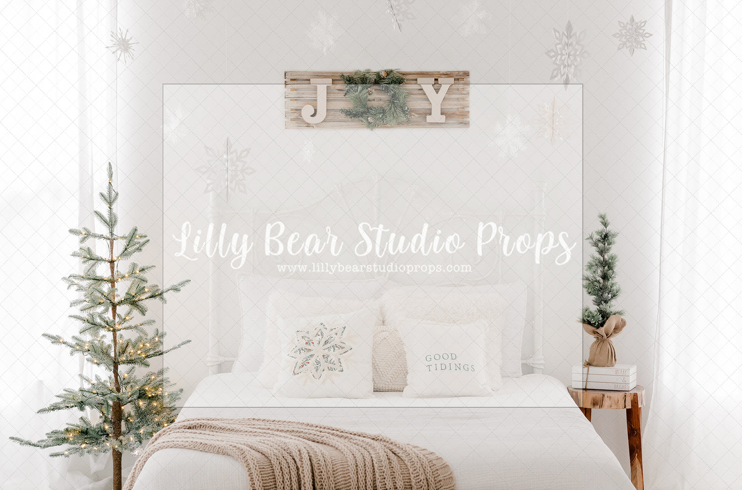 Joy Headboard - Lilly Bear Studio Props, bright christmas, bright window, christmas, christmas bed, christmas headboard, christmas room, Cozy, Decorated, FABRICS, Festive, Giving, Holiday, Holy, Hopeful, Joyful, Merry, Peaceful, Peacful, Red & Green, Seasonal, snowflakes, white, white christmas, window, Winter, Xmas, Yuletide