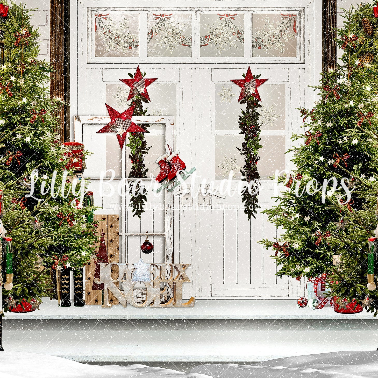 Joyeux Noel Porch - Lilly Bear Studio Props, animals, autumn forest, dark forest, enchanted forest, Fabric, FABRICS, fall forest, forest, forest animals, forest entry, forest floor, forest friends, forest painting, fox, green forest, into the wild, lanterns, little wild one, misty forest, moon, moonlight, moonlight forest, night forest, nighttime, owl, pine forest, pine tree, pine tree forest, pine trees, raccoon, where the wild things are, wild, wild animal, wild one, wild things, woodland forest