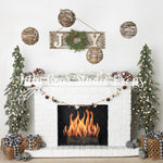 Joyous Christmas Mantle - Lilly Bear Studio Props, boho christmas tree, christmas fireplace, christmas mantel, christmas tree, christmas trees, fire, fireplace, holiday mantel, joy, joy to the world, mantel, oh christmas tree, pine tree, presents, simple christmas, white fireplace, white mantel, winter
