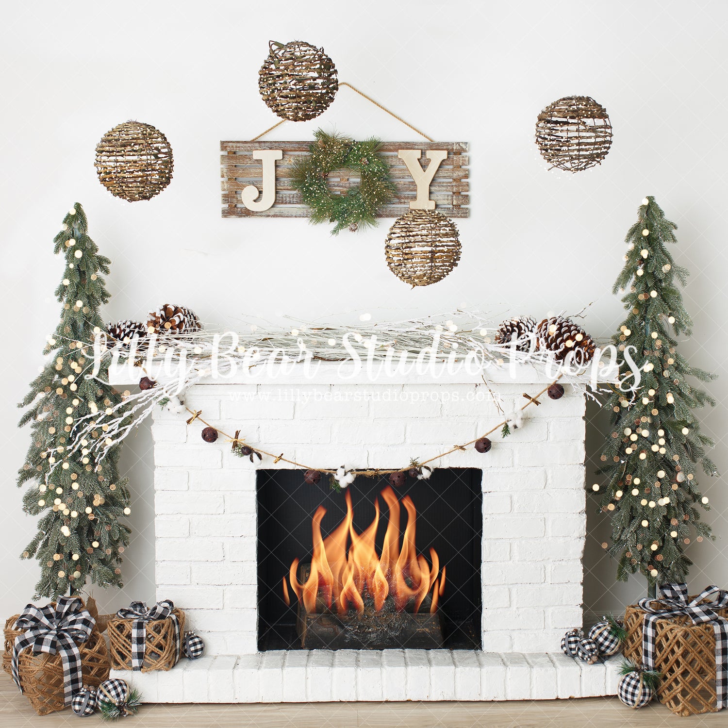 Joyous Christmas Mantle - Lilly Bear Studio Props, boho christmas tree, christmas fireplace, christmas mantel, christmas tree, christmas trees, fire, fireplace, holiday mantel, joy, joy to the world, mantel, oh christmas tree, pine tree, presents, simple christmas, white fireplace, white mantel, winter