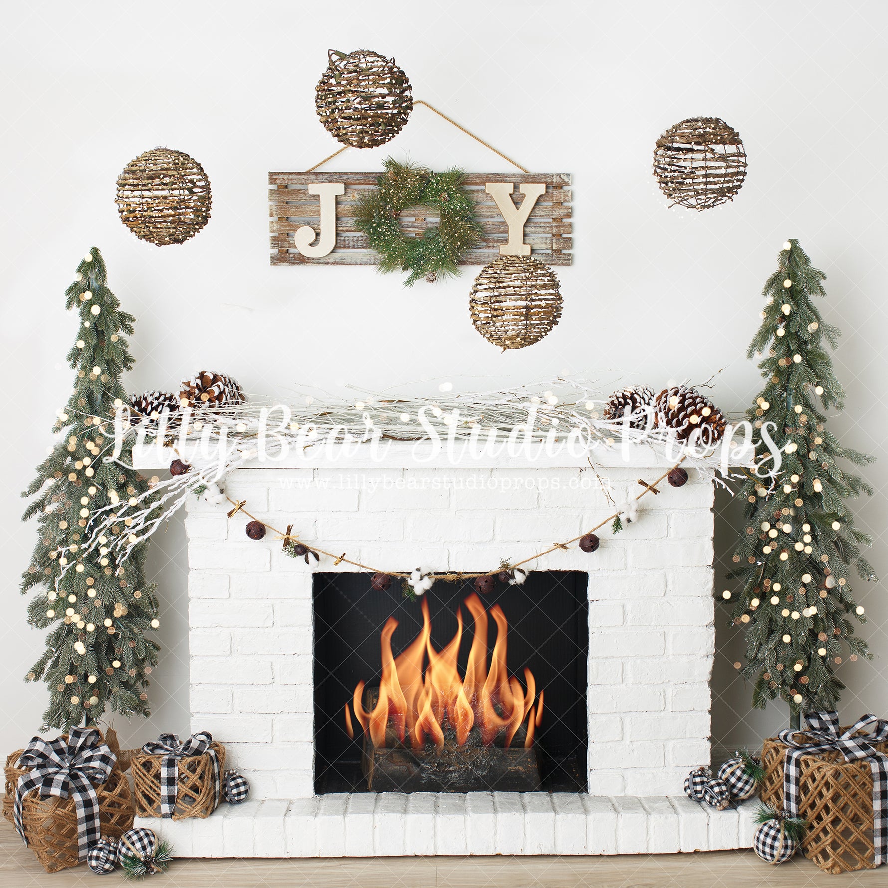 Joyous Christmas Mantle - Lilly Bear Studio Props, boho christmas tree, christmas fireplace, christmas mantel, christmas tree, christmas trees, fire, fireplace, holiday mantel, joy, joy to the world, mantel, oh christmas tree, pine tree, presents, simple christmas, white fireplace, white mantel, winter