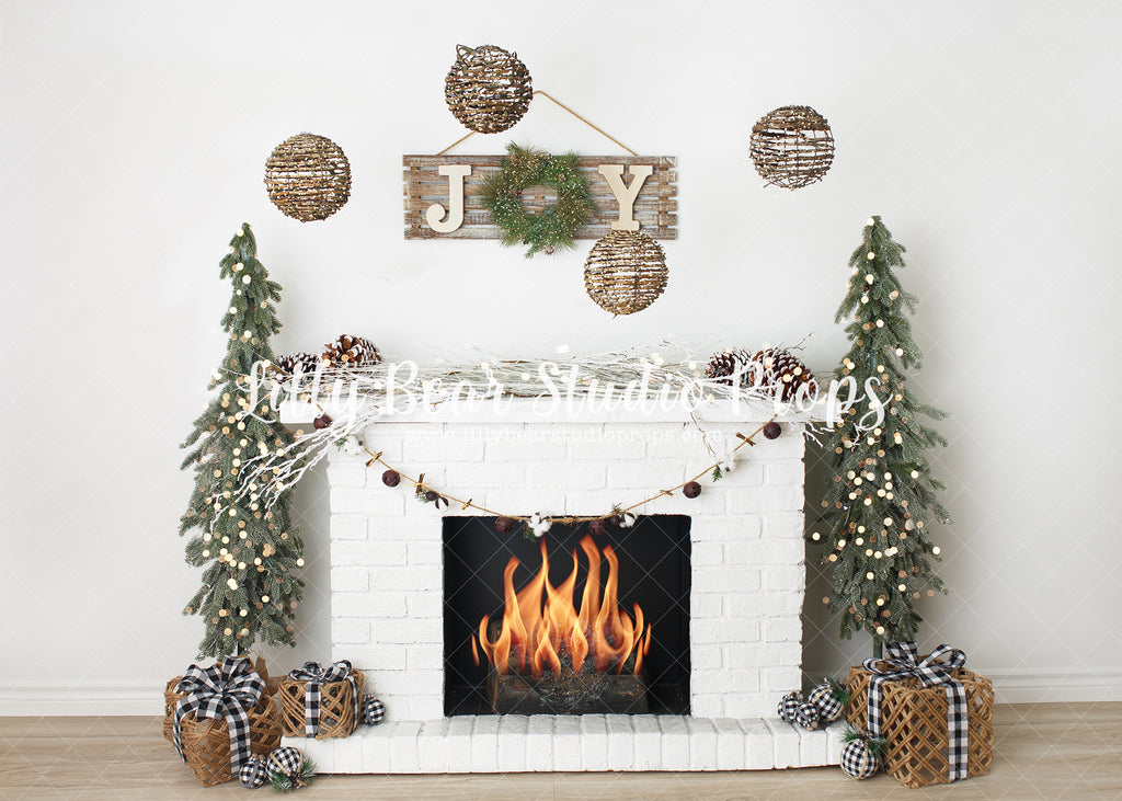 Joyous Christmas Mantle - Lilly Bear Studio Props, boho christmas tree, christmas fireplace, christmas mantel, christmas tree, christmas trees, fire, fireplace, holiday mantel, joy, joy to the world, mantel, oh christmas tree, pine tree, presents, simple christmas, white fireplace, white mantel, winter