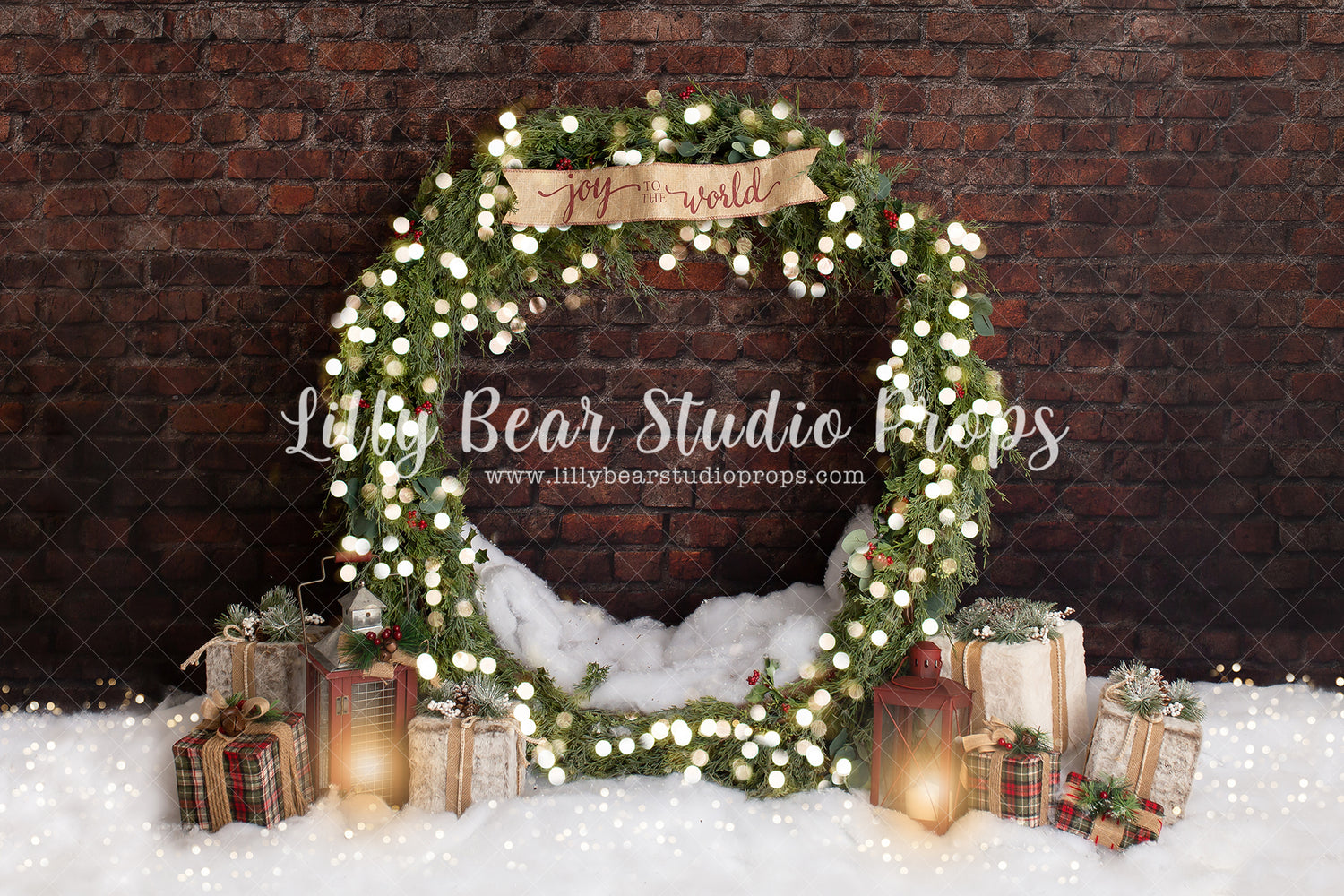 Joy to the World - Lilly Bear Studio Props, brick christmas, christmas, christmas brick, christmas wreath, holiday, holiday wreath, joy, joy to the world, lanterns, lanters, Large wreath, pine trees, presents, winter, wreath, wreaths
