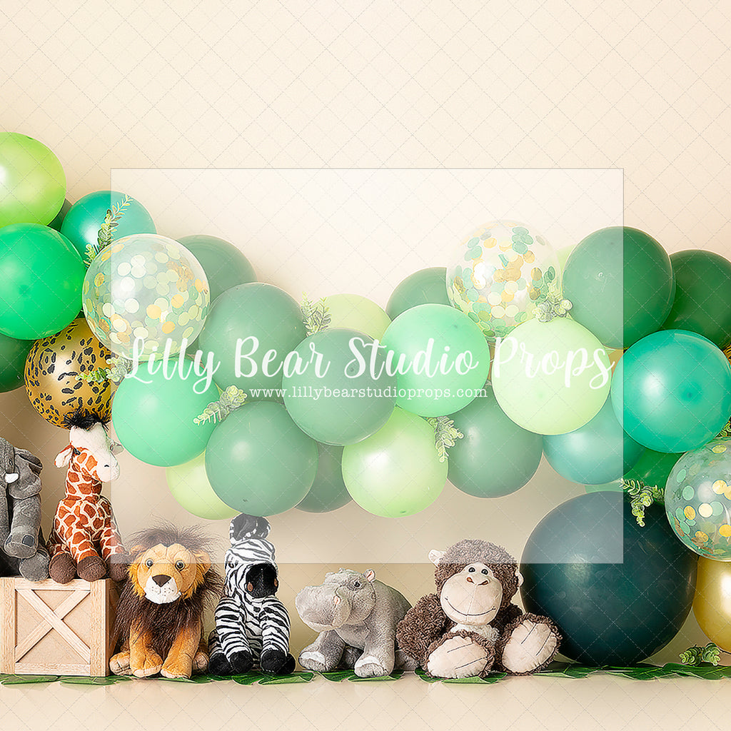 Jungle Garland and Friends - Lilly Bear Studio Props, aftrican lion safari, balloon and leaves, balloon garland, dino, elephant, elephant jungle, elephants, giraffe, jeep, jungle, jungle safari party, lion, safari, safari jeep, tiger, wild jungle, wild little one, wild one